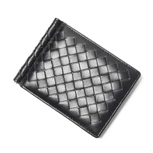 Card Holder Male Genuine Woven Leather Design Fashion Slim Wallet Front Pocket Money Clip Mini Purse For Men Women Luxury Brand