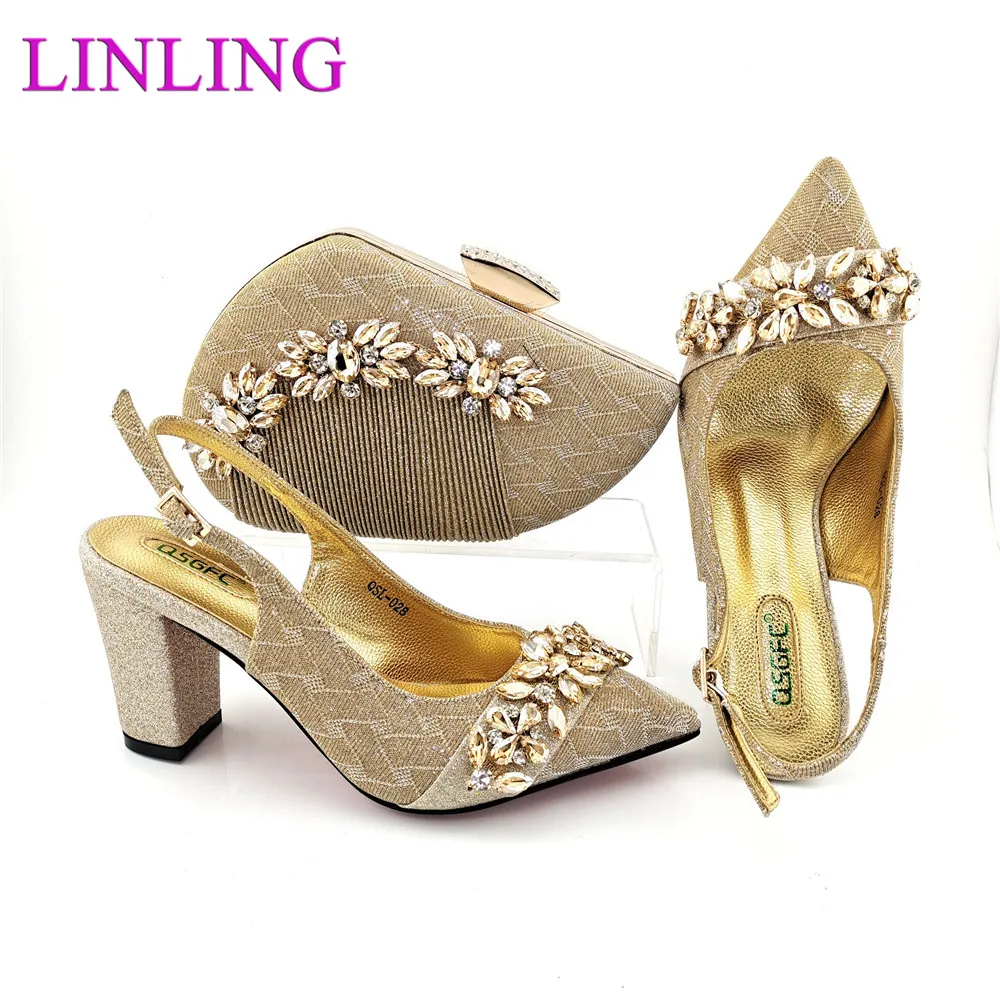 

Italian Design 2021 New Arrival In Golden Color Nigerian Party Ladies Shoes and Bag Set Decorated WIth Colorful Rhinestone