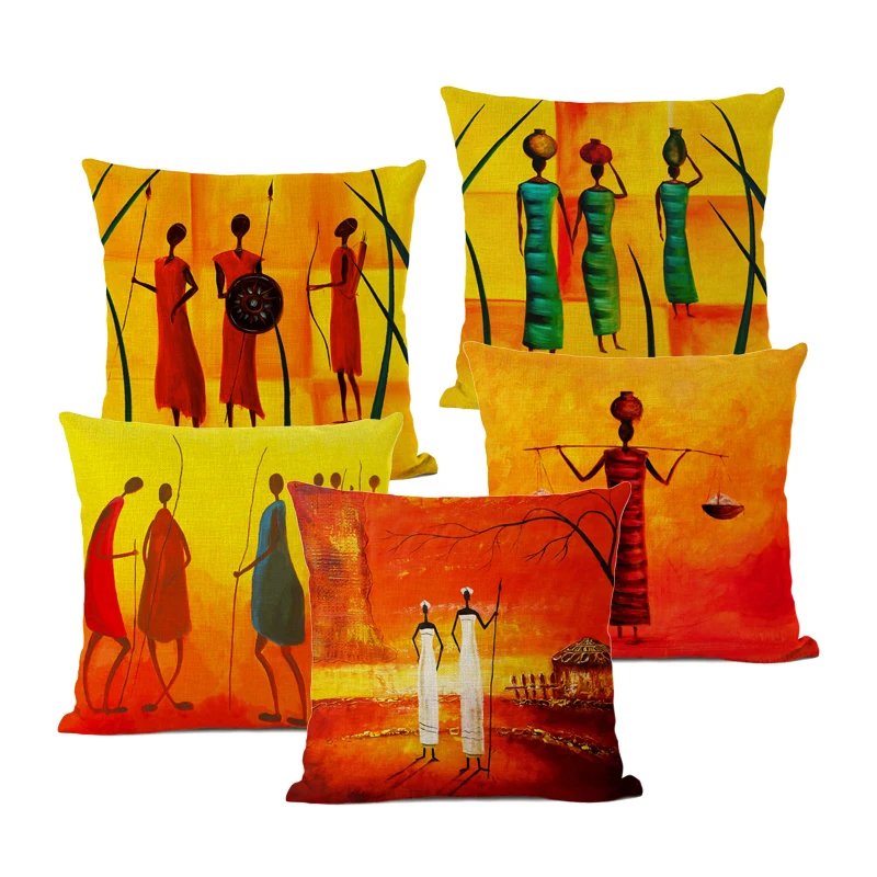 

African Women Cushion Cover African Humanistic Life Oil Painting Art Decorative Pillows Home Decoration Sofa Linen Pillow Cover