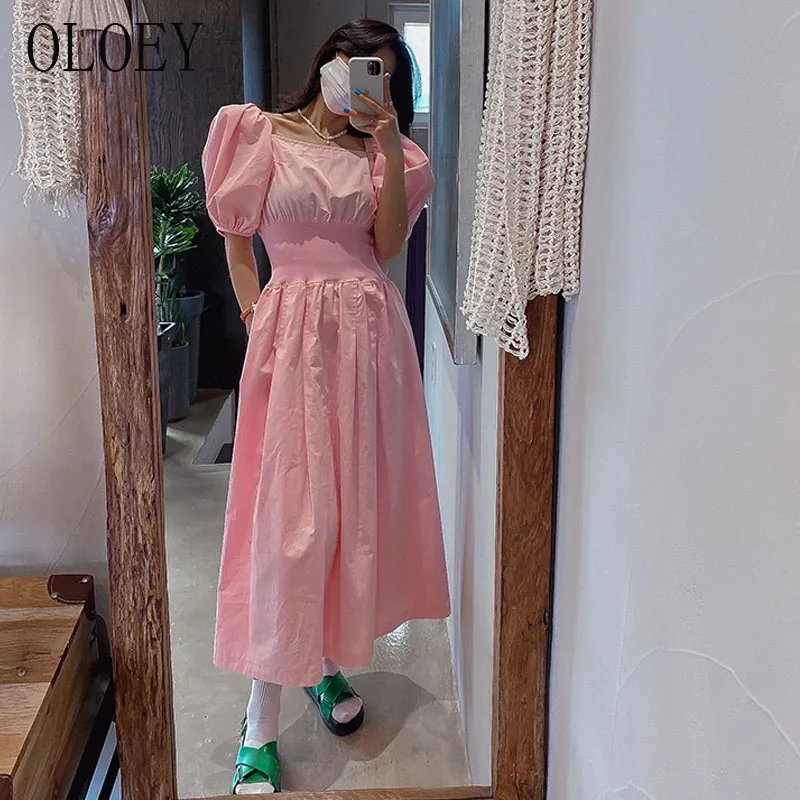 

Korea Women 2021 Summer Elegant Square Neck Puff Sleeve Long Dress Ladies Slim High Waist Vestido Feminino Fashion Lace-up Dress