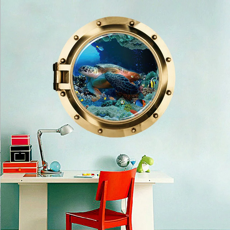 

3D Submarine Fake window seabed animal wall stickers kids rooms living room bedroom home decoration decals mural poster sticker