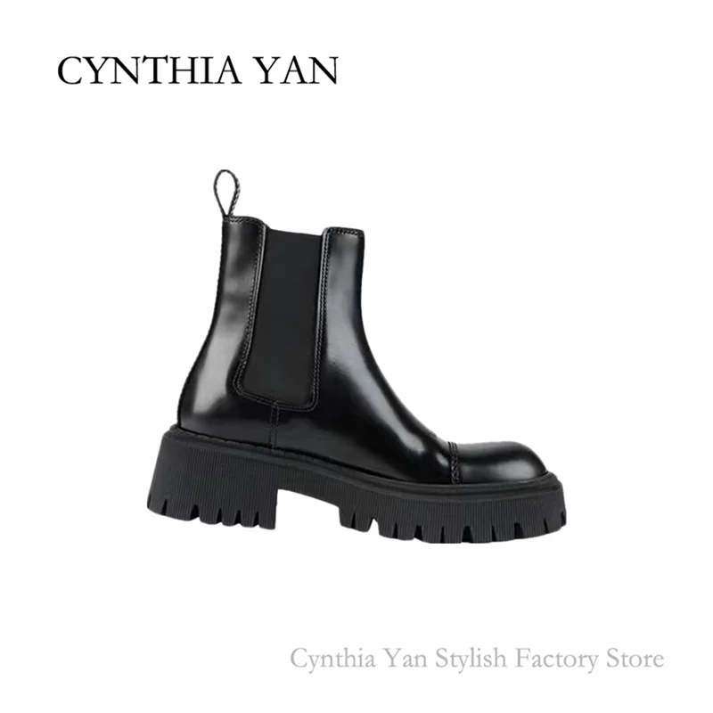 

2021 New Fashion Patent Leather Riding Boots Women Thick High Heel Platform Shoes Round Toe Marten Elastic Ladies Ankle Boots