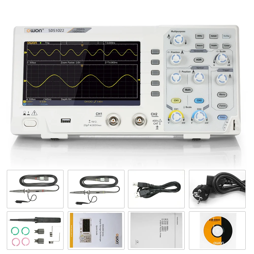 

SDS1022 Digital Oscilloscope Oscillometer Digital Storage Oscilloscope 2CH 20MHz 100MS/s 7" LCD Display Oscilloscope