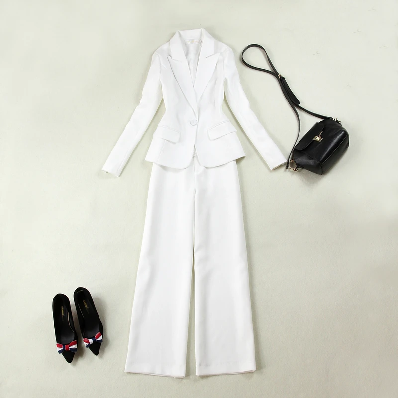 High quality large size women's spring and autumn new self-cultivation tooling white suit + straight wide leg pants suit