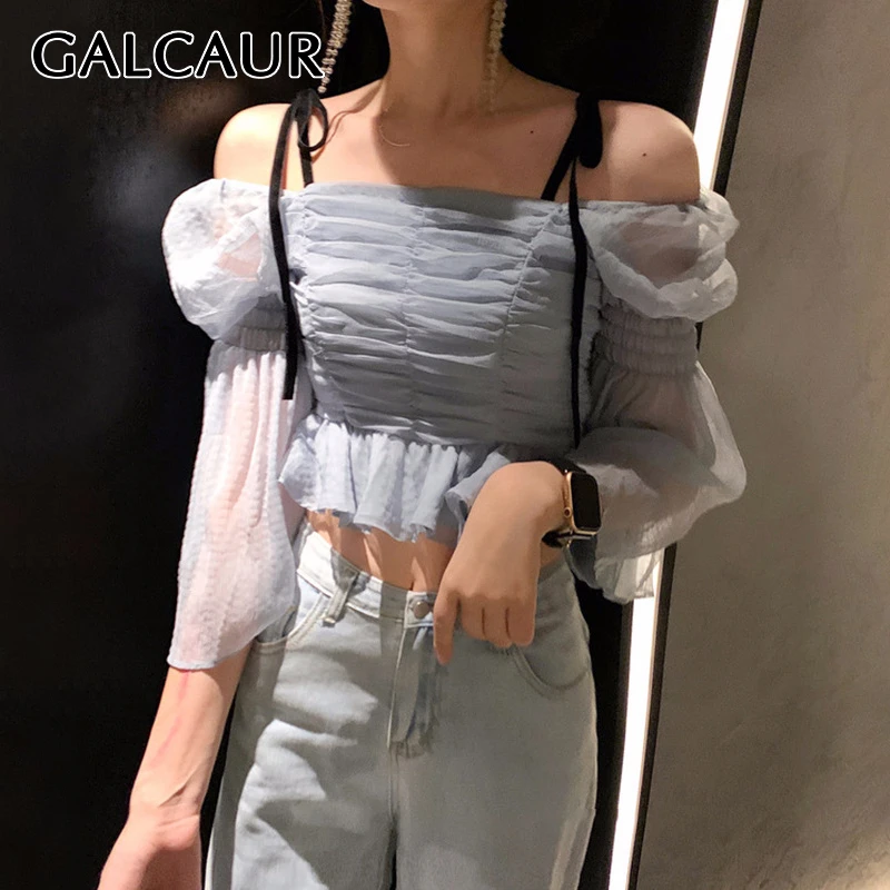 

GALCAUR Slim Patchwork Mesh Blouse Women Square Collar Flare Sleeve Drawstring Ruched Lace Up Shirts Female 2020 Clothes New