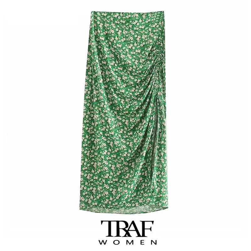 

TRAF Za Women Fashion With Gathered Floral Print Slit Midi Skirt Vintage High Waist Side Zipper Fly Female Skirts Mujer