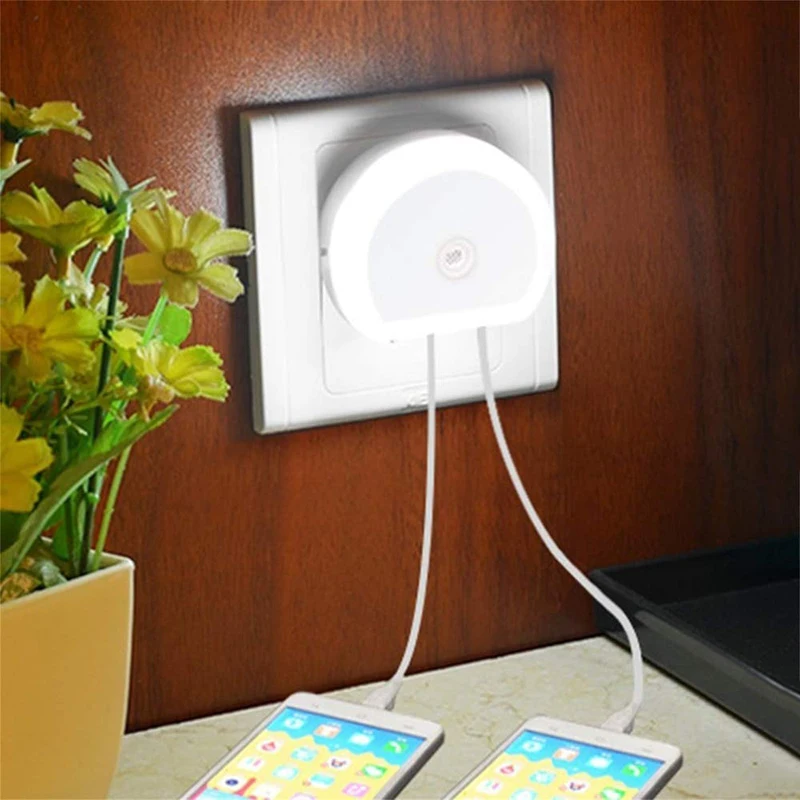 

HoneyFly LED Night Light Dual USB Port Charger Motion Sensor Nightlight Bedroom Wall Lamp EU/US Plug-in Socket Lamp Home