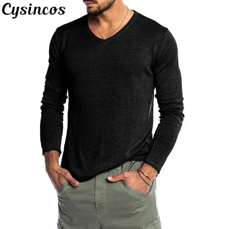 Мужская повседневная футболка CYSINCOS с длинным рукавом и v-образным вырезом 2XL 2019 |
