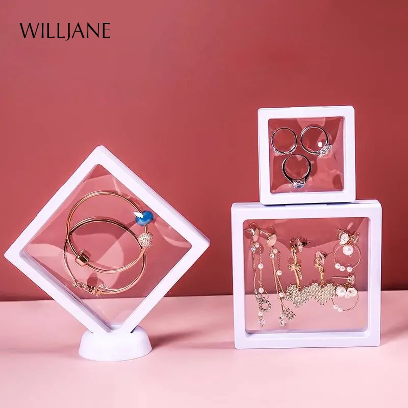 

Transparent Jewelry Ring Earrings Bracelet Protection Case Membrane Frame Necklace Display Holder Stones Coin Floating Stand Box