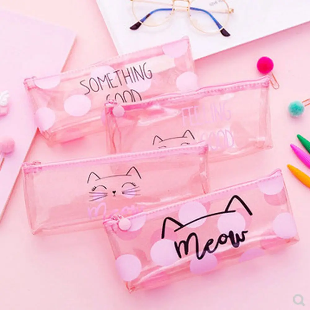 

Pink Kawaii Pencil Case Dot cat Transparent Gift Estuches Pencil Box Pouch Pencilcase Pen Bag Back To School Supplies Stationery