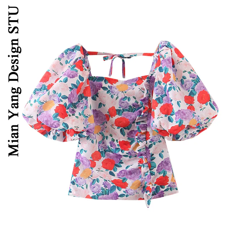 УКОРОЧЕННЫЙ ТОП во французском стиле с акварельным принтом ретро Большая