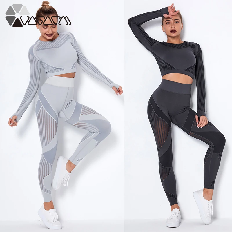 

Seamless Sexy Set Mesh Striped Long Sleeve Crop Top High Waist Legins Sexy 2 Piece Set Women Gym Workout Outfit Fitness Suits