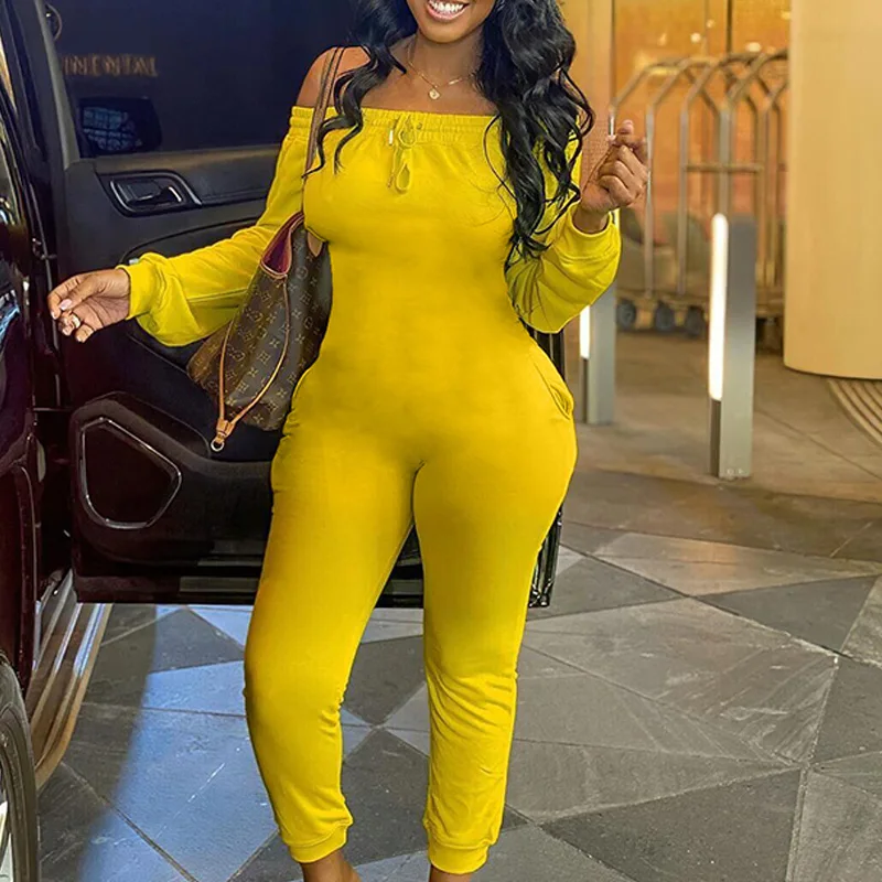 

Women Jumpsuit Slash Neck Pocket Bodysuit Long Sleeve Solid Drawstring Romper Women Autumn Casual Streetwear Monos Mujer
