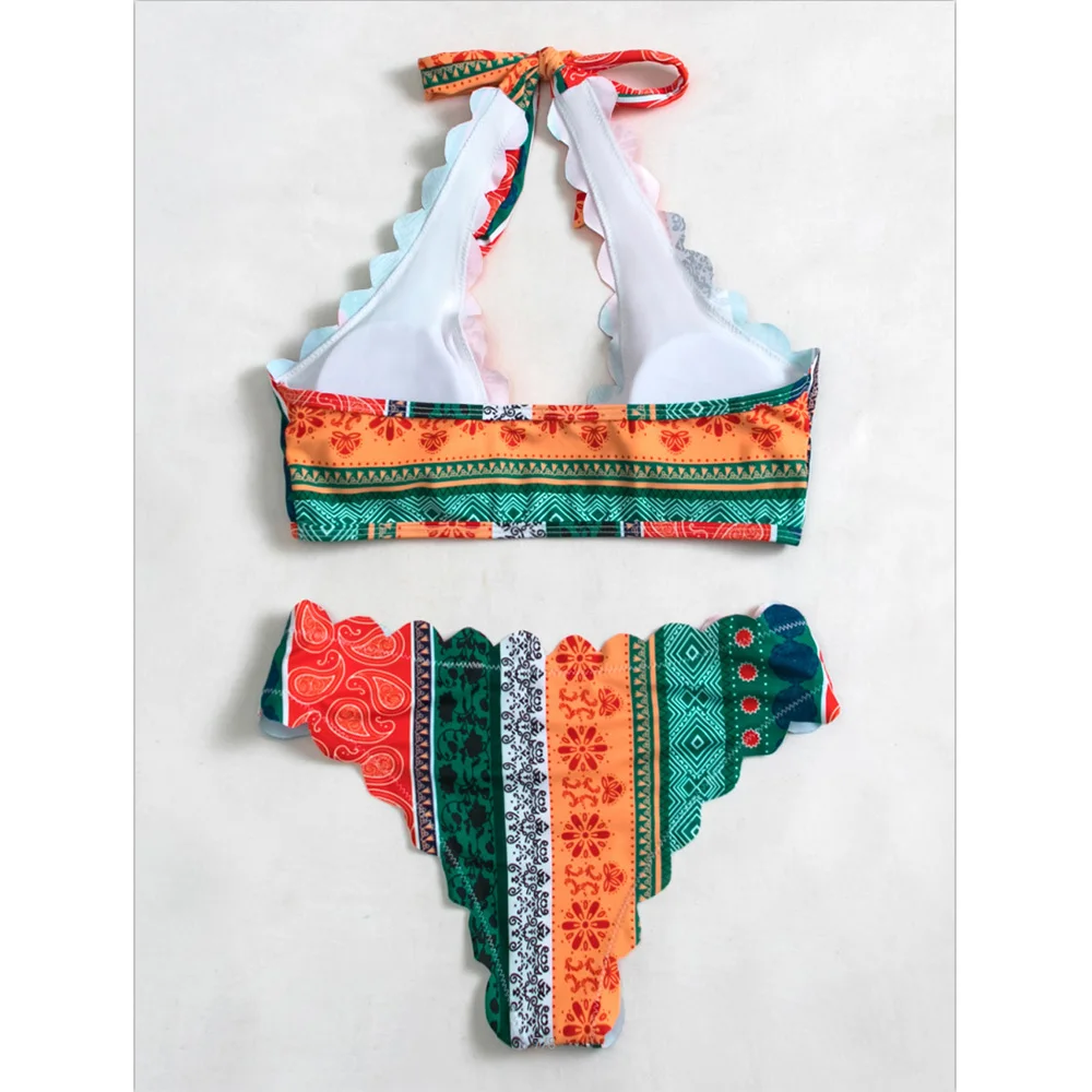 

Vintage Bikini Push Up Print Swimsuit Women String Swimwear 2021 Female Ruffle Edge Cut Bathing Suit Bathers Summer Biquini New