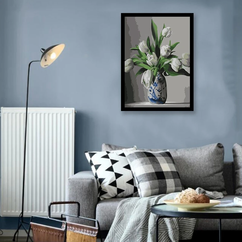 Белые тюльпаны Холст Краска ing цифровая краска по номерам Акриловая Современная