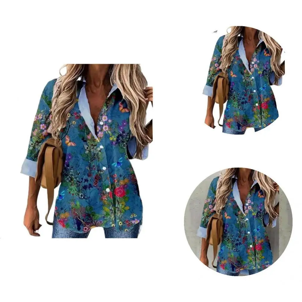 

Офисный Топ в стиле ретро, модная офисная рубашка с длинным рукавом, пуговицами и принтом листьев