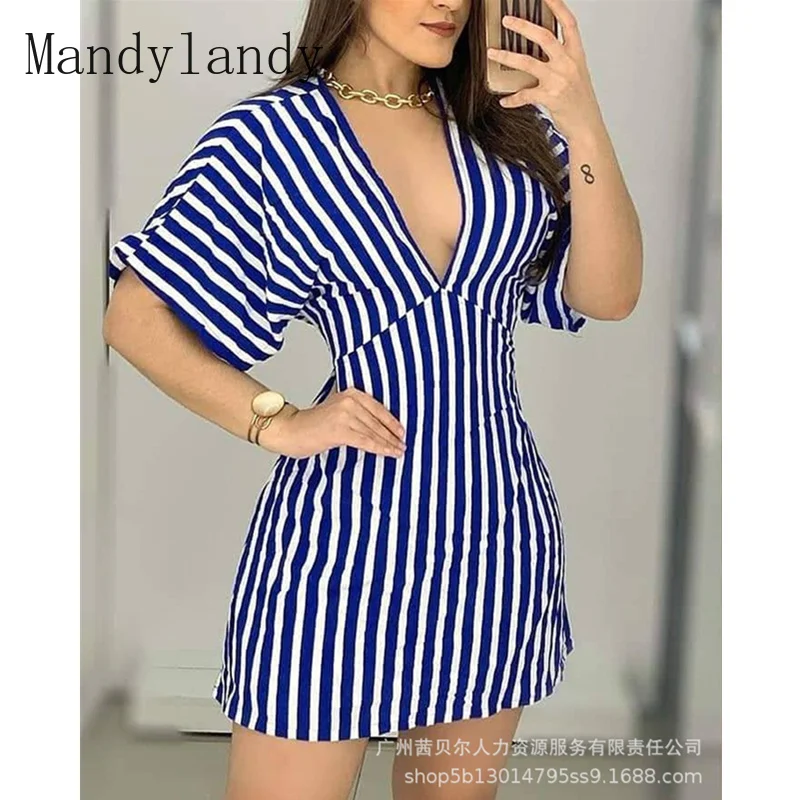 

Женское элегантное платье в полоску Mandylandy, женское сексуальное модное мини-платье с коротким рукавом, глубоким V-образным вырезом, открытой ...