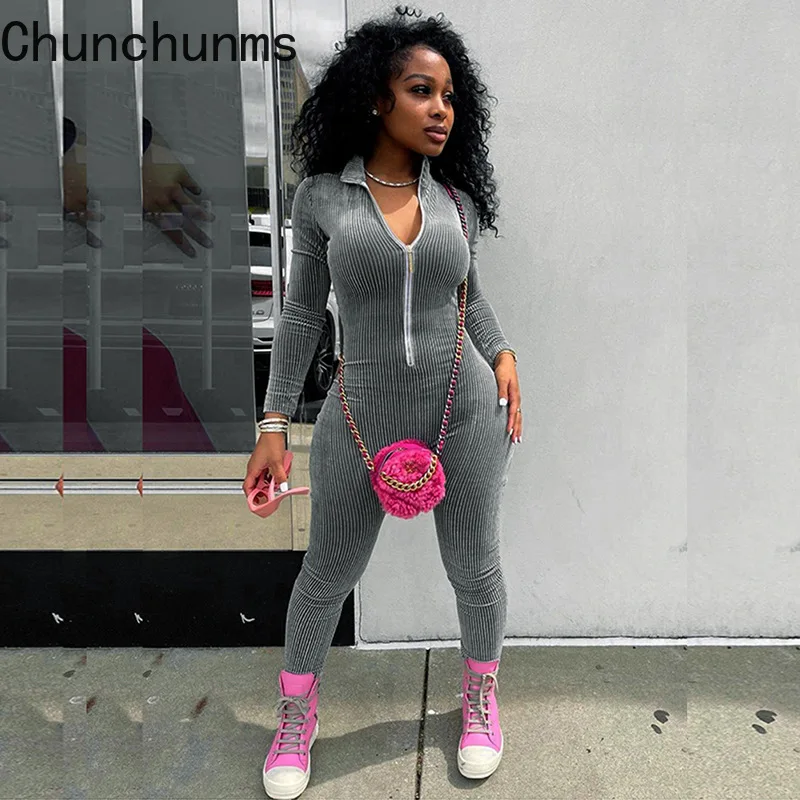 

2021 Winter Solid Corduroy Long Sleeve High Waist Jumpsuit Women Fashion Stand Collar Zipper Female Rompers Casual Sporty