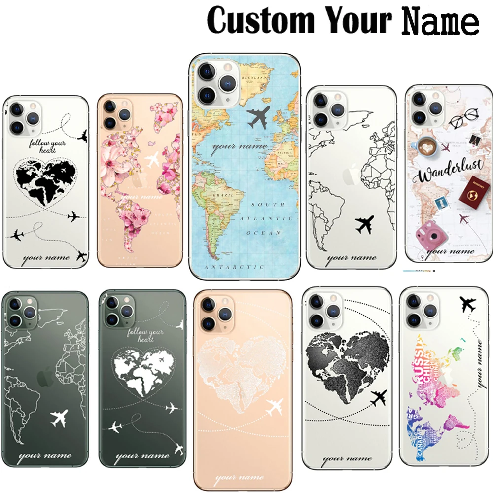 

Custom Name Love World Map Travel Phone Case For iPhone 13 12 11 Pro 6 7 8 X XR XS Max SE 2020 5 5S 6S Mini Plus Silicone Capa
