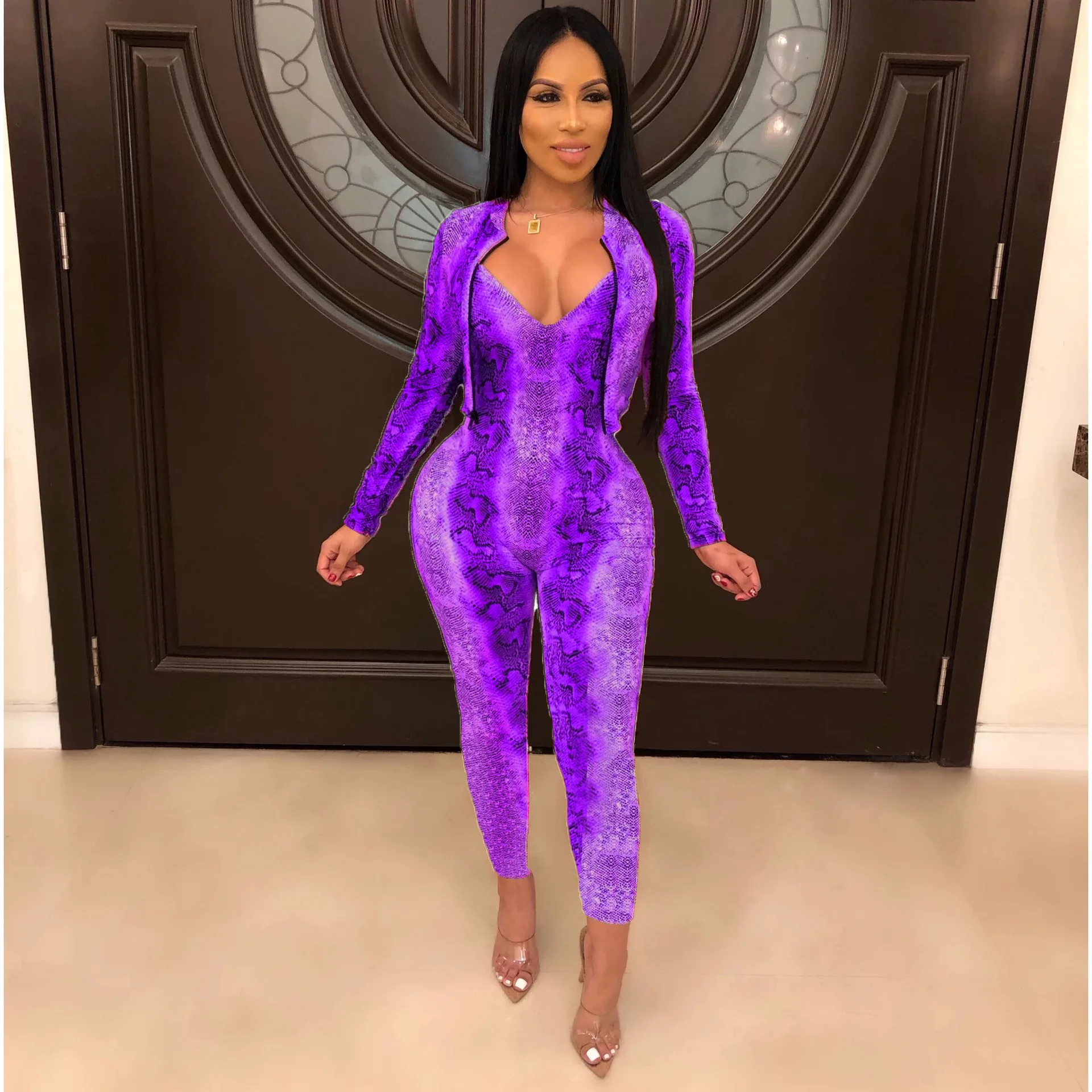 Женский костюм боди короткое пальто два предмета модный сексуальный из змеиной