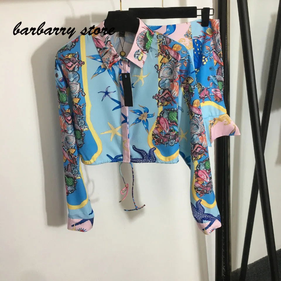 2021 luxury brand ocean cartoon print women's skirt set sexy lace up temperament Lapel Shirt Top + high waist slim bag hip skirt