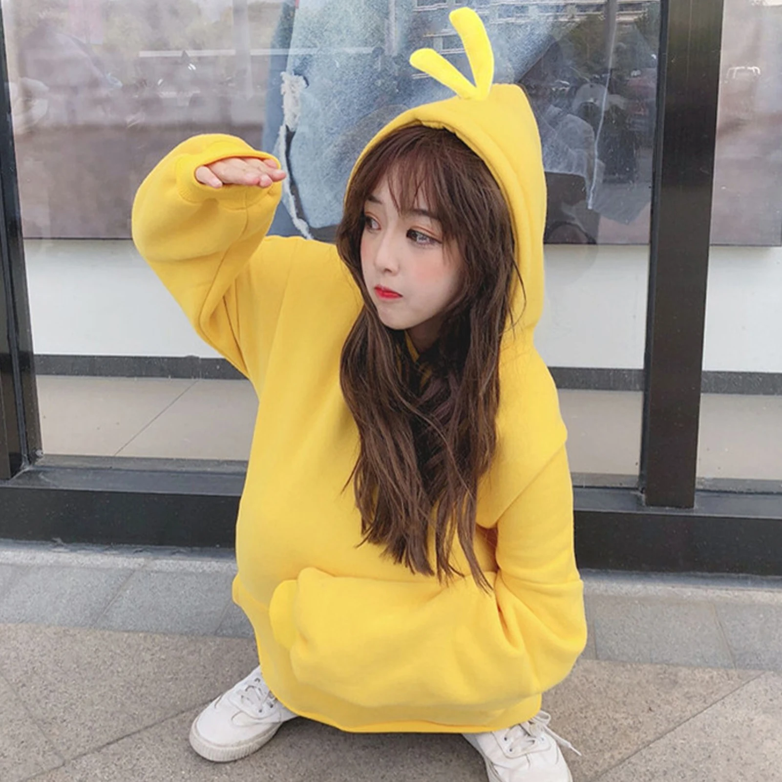 Women Casual Cartoon Hooded Long Sleeve Pullover Sweatshirt Winter Blue Purple Pocket Oversized Plush Warm Hoodies Sweatshirts