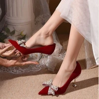 2022 new fashion spring summer red sexy pumps high thin heels crystal butterfly knot elegant women dress party office weeding