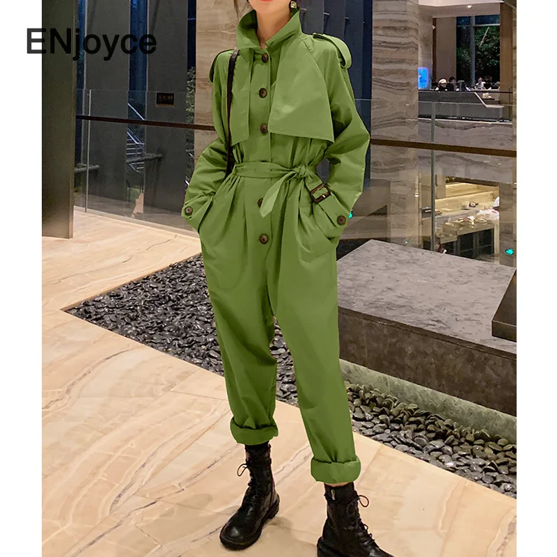 Women 2020 High Street Quality Jumpsuits Female Spring Fall Ankle-length Handsome Korean Stylish Loose Cargo Pants Playsuit