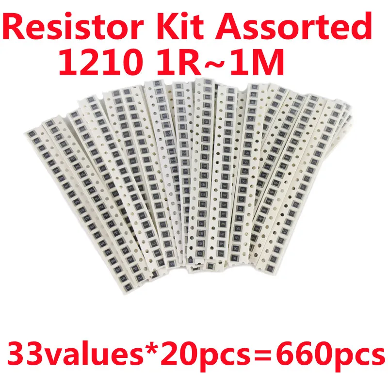 

1210 Resistor Kit Assorted 1R to 1M 5% 1R 10R 22R 47R 330R 100R 1K 4.7K 10K 100K 1M 33values*20pcs=660pcs SMD Sample Kit DIY