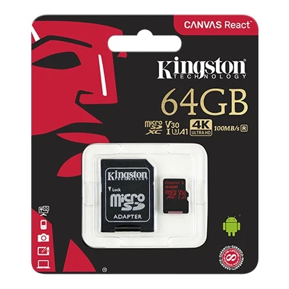 Карта памяти Kingston 64Гб microSDXC Canvas React 100R/80W U3 UHS-I V30 A1 адаптер |