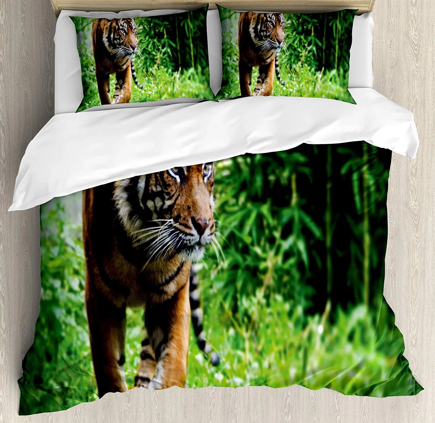 

Tiger Bedding Set Siberian Large Feline at Zoo Wildlife at Captivity Unnatural Habitat Agressive Animal Duvet Cover Pillowcase
