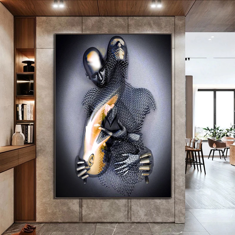 

Nordic Couples Metal Figure Statue Wall Art Canvas Painting Lover Sculpture Poster Print Wall Picture for Living Room Home Decor