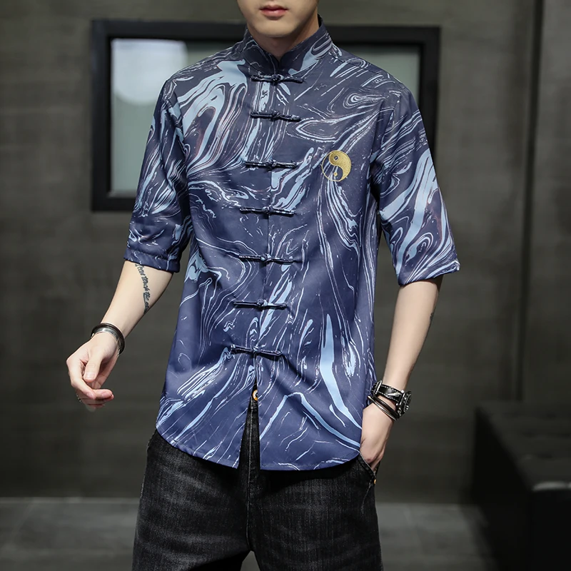 Men Cheongsam Tops Tang Suit Traditional Chinese Style Hanfu Loose Blouse Kung Fu Uniform Shirt China Frog Button Summer Clothes