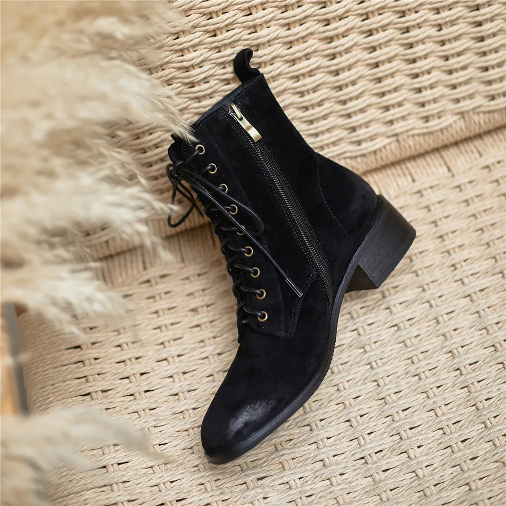 Jual Retro Semata Kaki 4cm Med Tumit Kulit Asli, Round Toe, Cross-tied Renda Zipper Merek Kantor Wanita Gaun Ringkas TN35 MUYISEXI