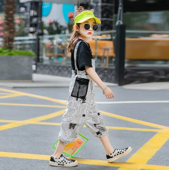 

Girls Summer Overalls Sets 2020 New Fashion Big Children Girl Short Sleeve T-Shirt+Print Overalls 2pc Set Suit Kids Casual Sets