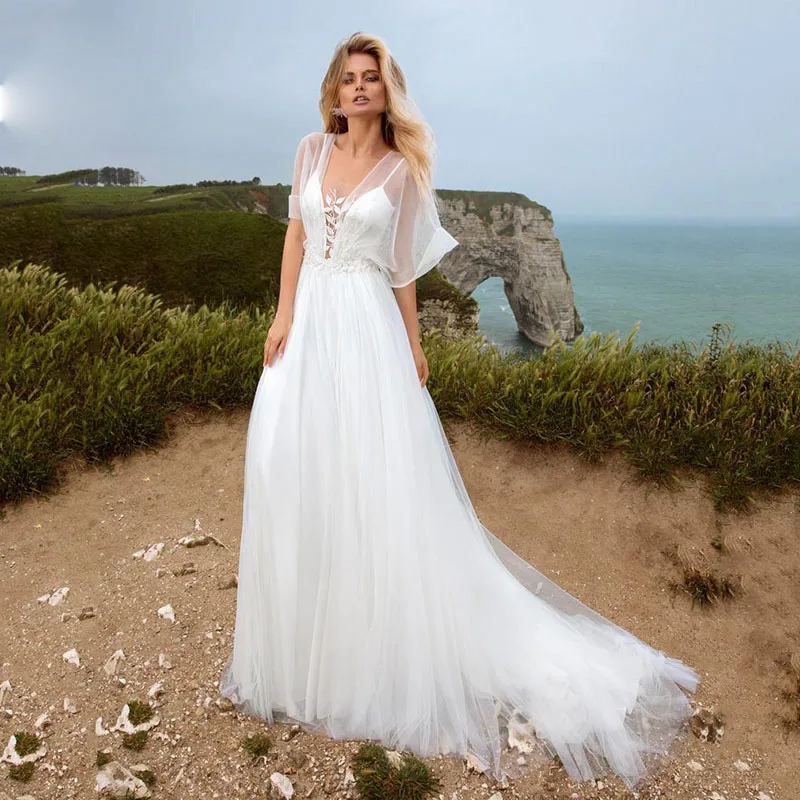 

Hi Shy Bride New Simple Wedding Dress Backless Sleeveless Design Chiffon Lace Bride Dresses Princess Dress Plus Size Tailor-made