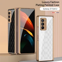 luxury grid lambskin tempered glass plating hard case for samsung galaxy z fold 2 w21 5g anti knock protection cover coque