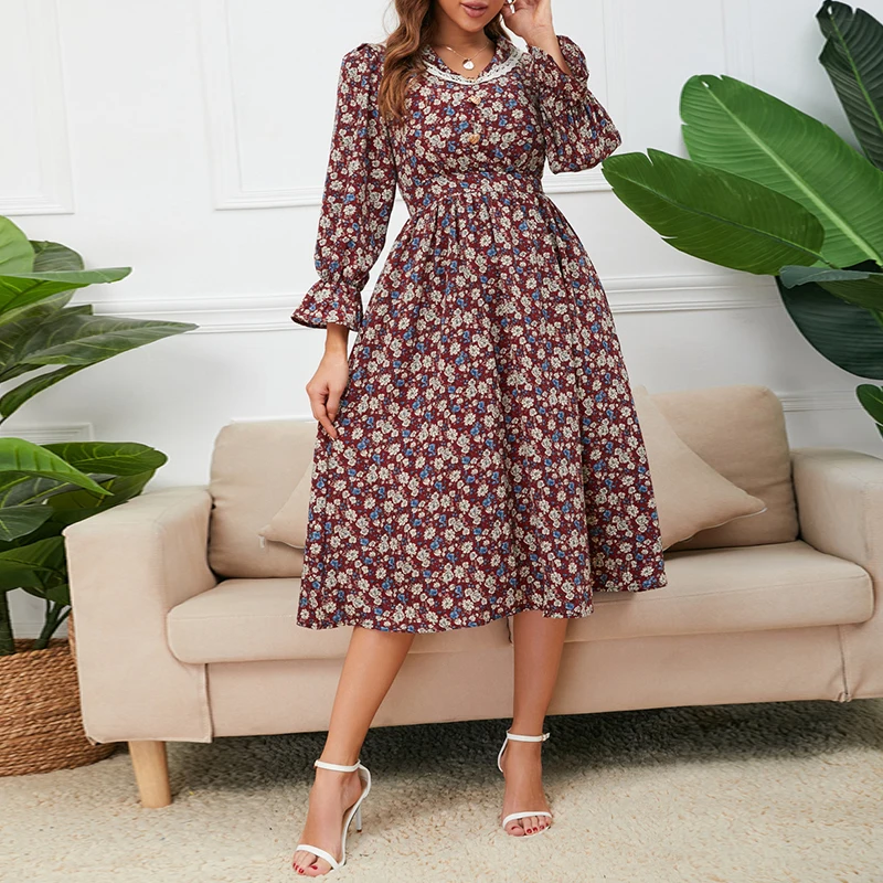 

Women's Floral Print Long Dress Autumn Casual Long Sleeve Female Boho Holiday Dress Lady Evening Party Robe Vestidos 2021 New