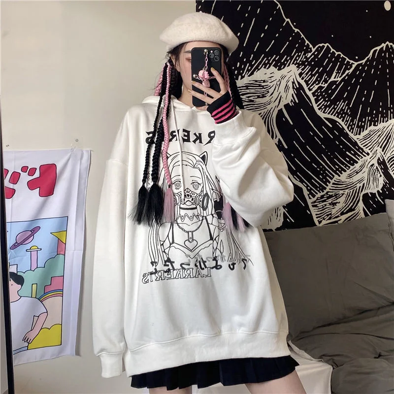 

Loose Female Lady Sweatshirt Spring Long Sleeve Pink Cartoon Fashion Hoodie Japan Girl Hoodie Fashion Streetwear Black Tops