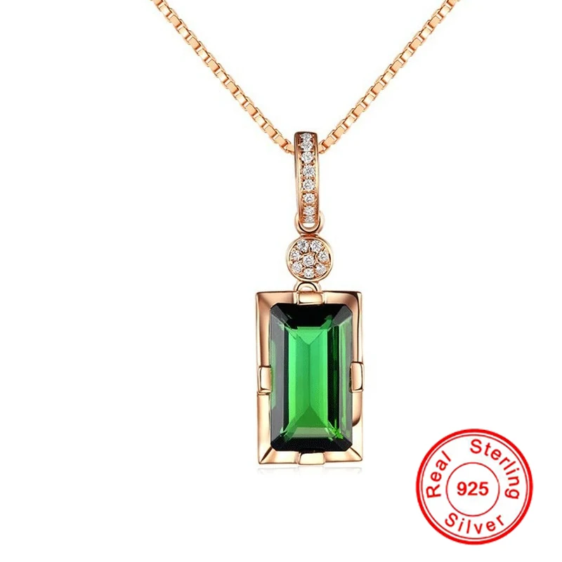 

HOYON 18k Rose Gold Color Natural Emerald Pendant Necklace for Women Baguette Cut Green Tourmaline Gemstone Emerald Fine Jewelry