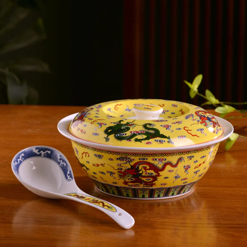 Jingdezhen ceramic ware big soup bowl with cover and pot household large Chinese dragon pattern soup bowl soup vegetable basin