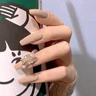 Поддельные длинные ногти молочный чай цвета, инкрустированная жемчужными кулон крест со стразами Одежда Маникюр накладные ногти накладных ногтей фальшивые ногти