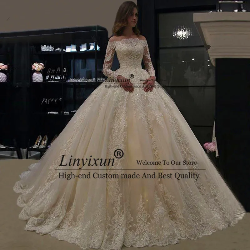 

Роскошное бальное платье с кружевной аппликацией, свадебное платье 2021, свадебные платья с длинным рукавом, платье Марие, вырез лодочкой, бис...