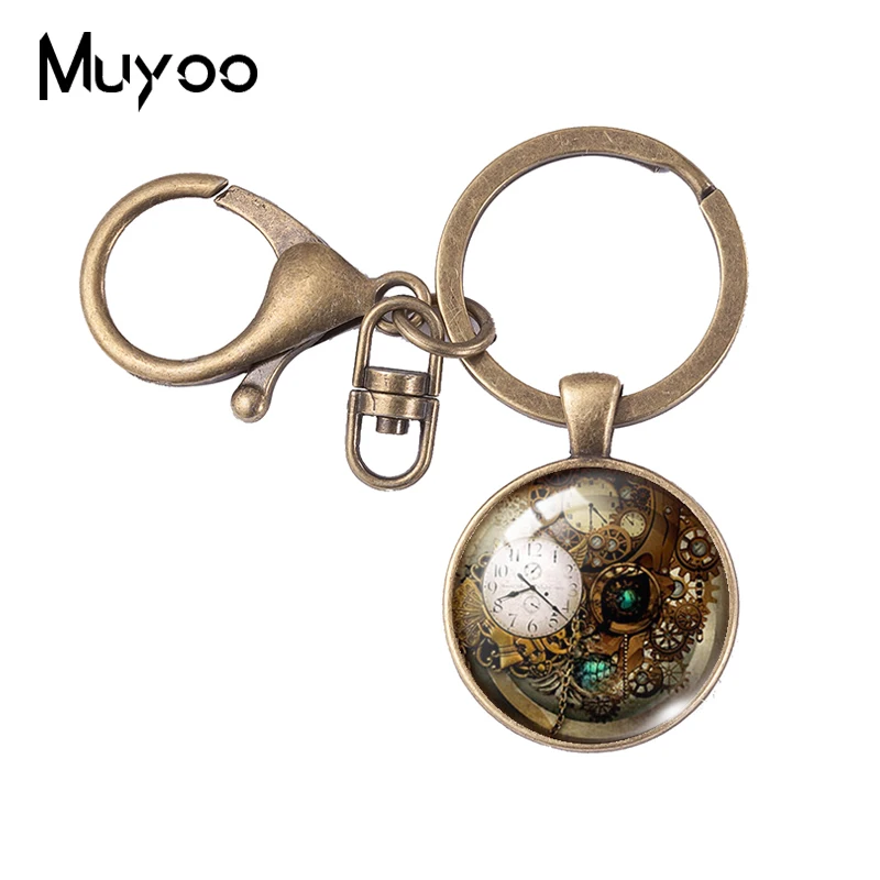 

2021 New Steampunk Clock Keychain Art Painting Glass Cabochon Photo Jewelry Round Keyring Men's Vintage Key chains