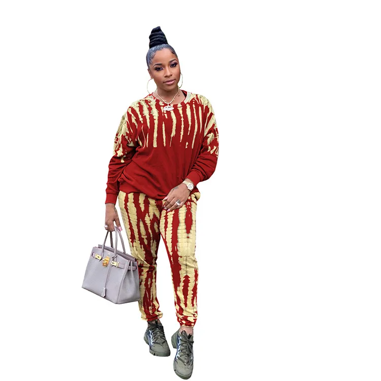 

2021 Newest Women Long Sleeve Sets O-Neck Casual Loose Tie-dye Printing Tees High Waist Sports Pants Tracksuits Real Pictures