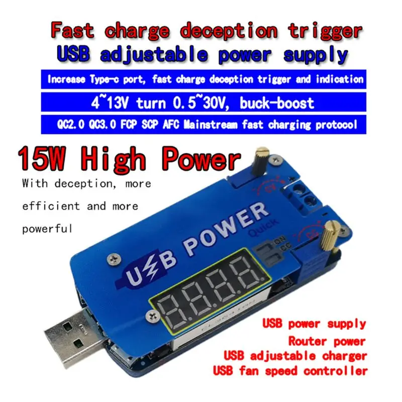 С spoof 15W USB Регулируемый понижающий источник питания 1-30V Быстрая зарядка обманка