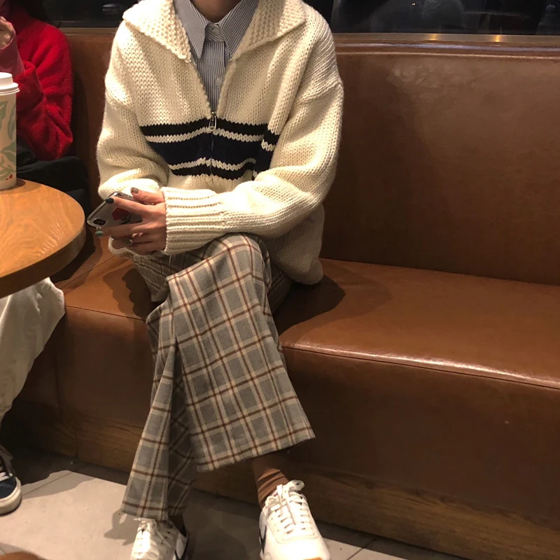 2 цвета 2020 осень и зима корейский стиль отложной воротник полосатый на молнии