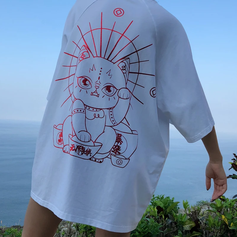 Готический стиль Lucky Cat Печать негабаритных футболка для женщин короткий рукав тройник Эстетическая Корейская одежда