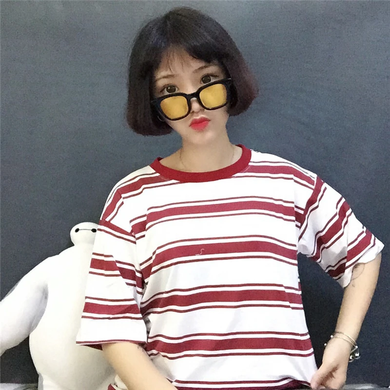 2019 свободная полосатая футболка для колледжа Харадзюку Женская Повседневная с