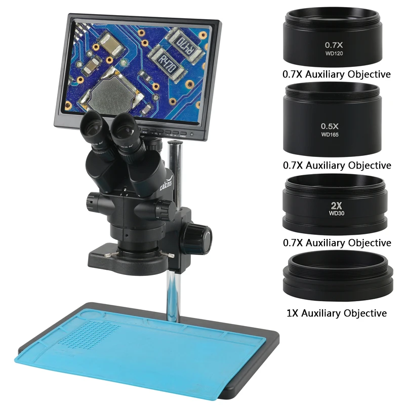 

7X-45X Zoom Simul-Focal Trinocular Stereo Microscope + 0.5X 2X 0.7X 1X Auxiliary Objective Lens + HDMI Camera 10.1" LCD Monitor